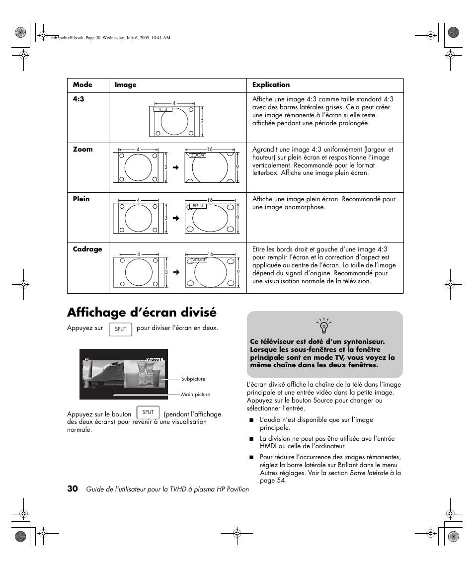 Affichage d’écran divisé | HP PL5000N User Manual | Page 134 / 294