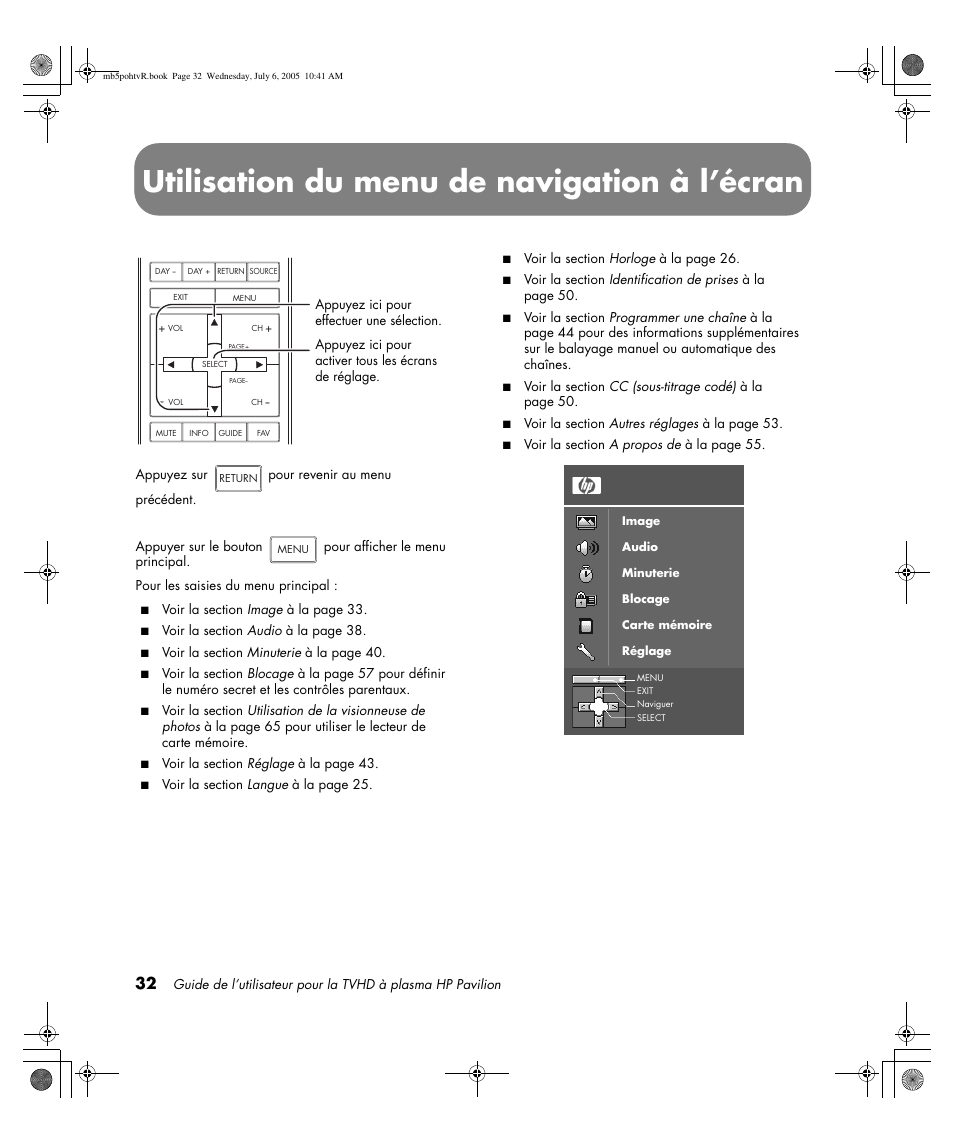 Utilisation du menu de navigation à l’écran | HP PL5000N User Manual | Page 136 / 294