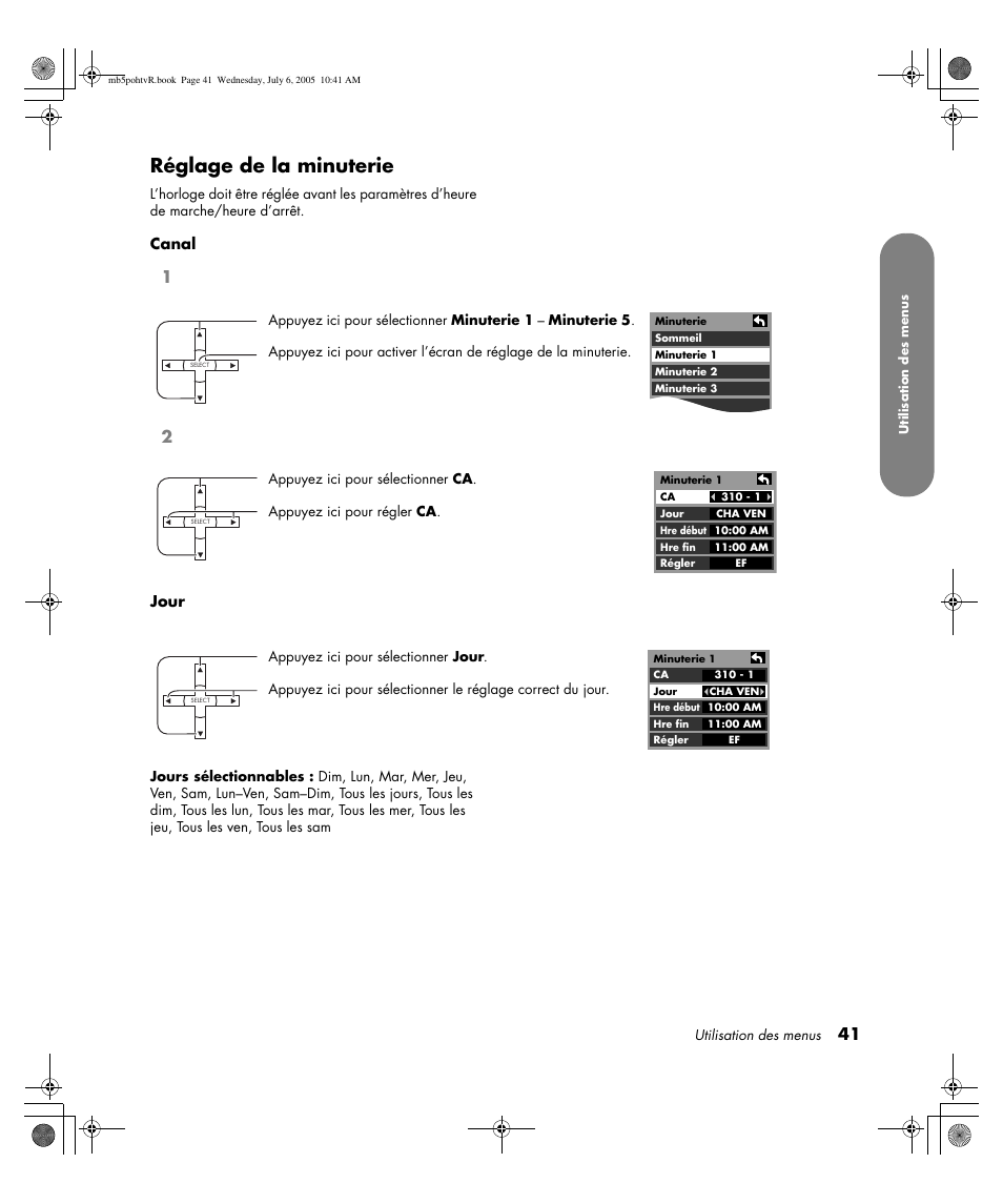 Réglage de la minuterie | HP PL5000N User Manual | Page 145 / 294