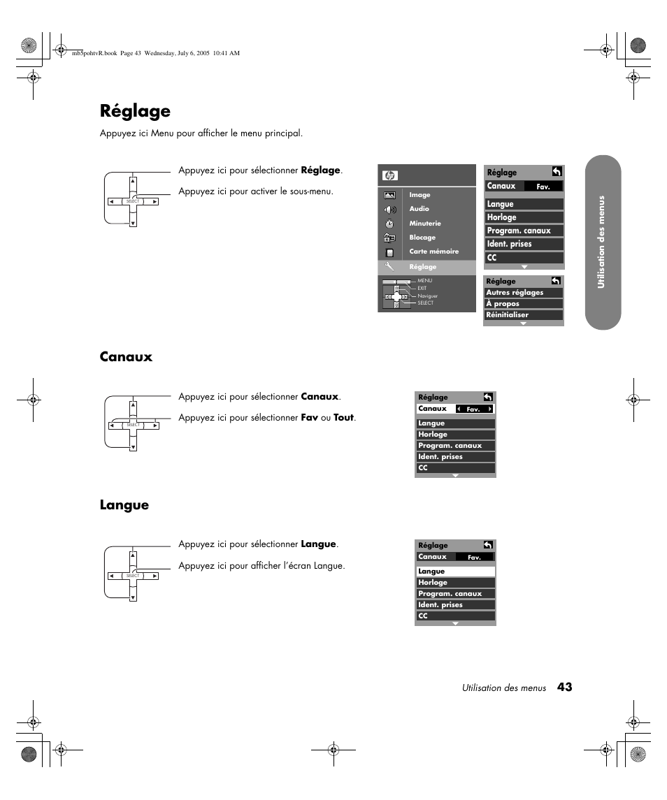 Réglage, Canaux langue | HP PL5000N User Manual | Page 147 / 294