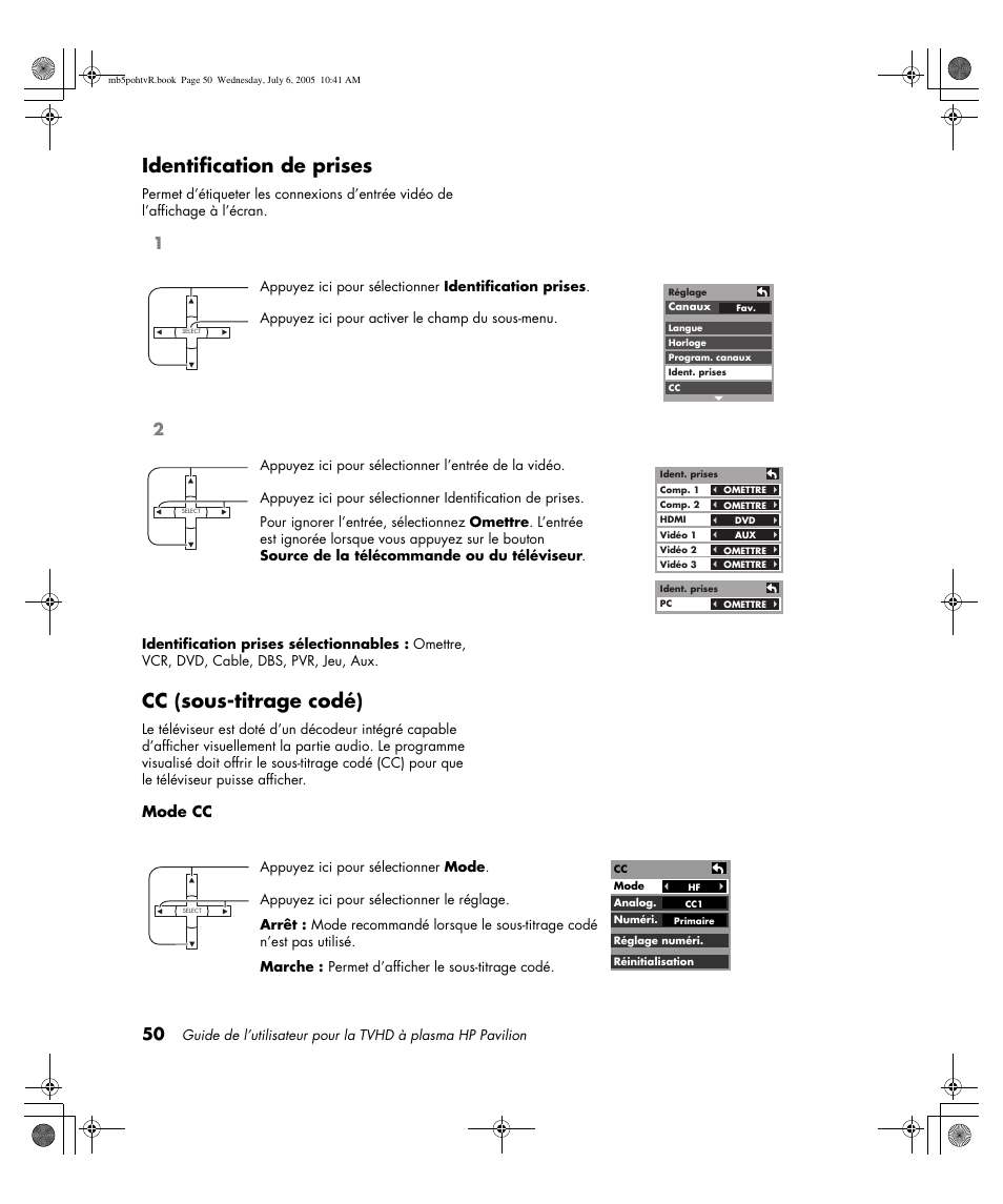 Identification de prises, Cc (sous-titrage codé), Mode cc | HP PL5000N User Manual | Page 154 / 294