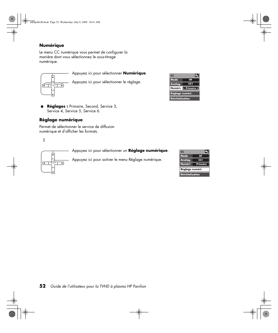Numérique, Réglage numérique | HP PL5000N User Manual | Page 156 / 294