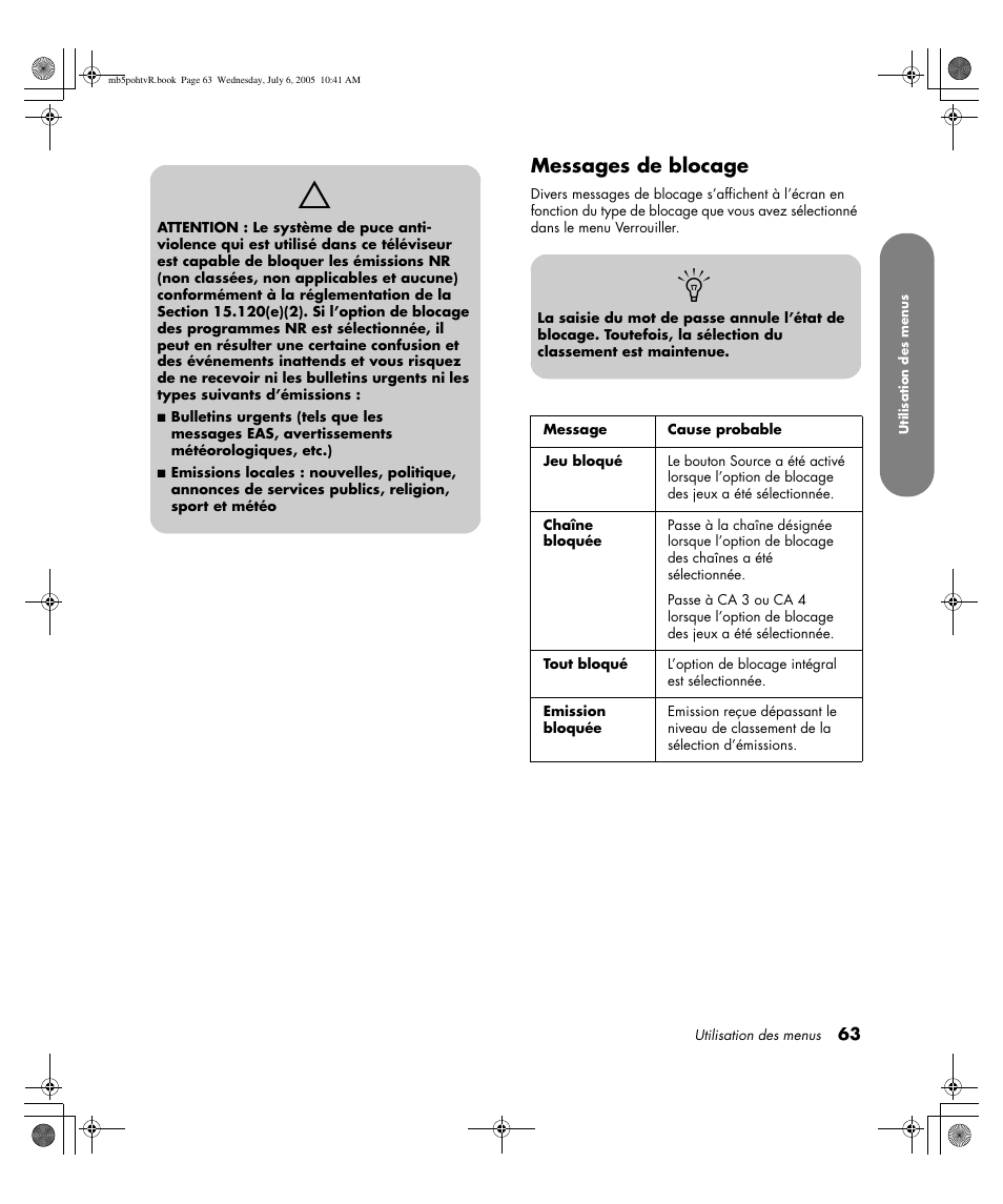 Messages de blocage | HP PL5000N User Manual | Page 167 / 294