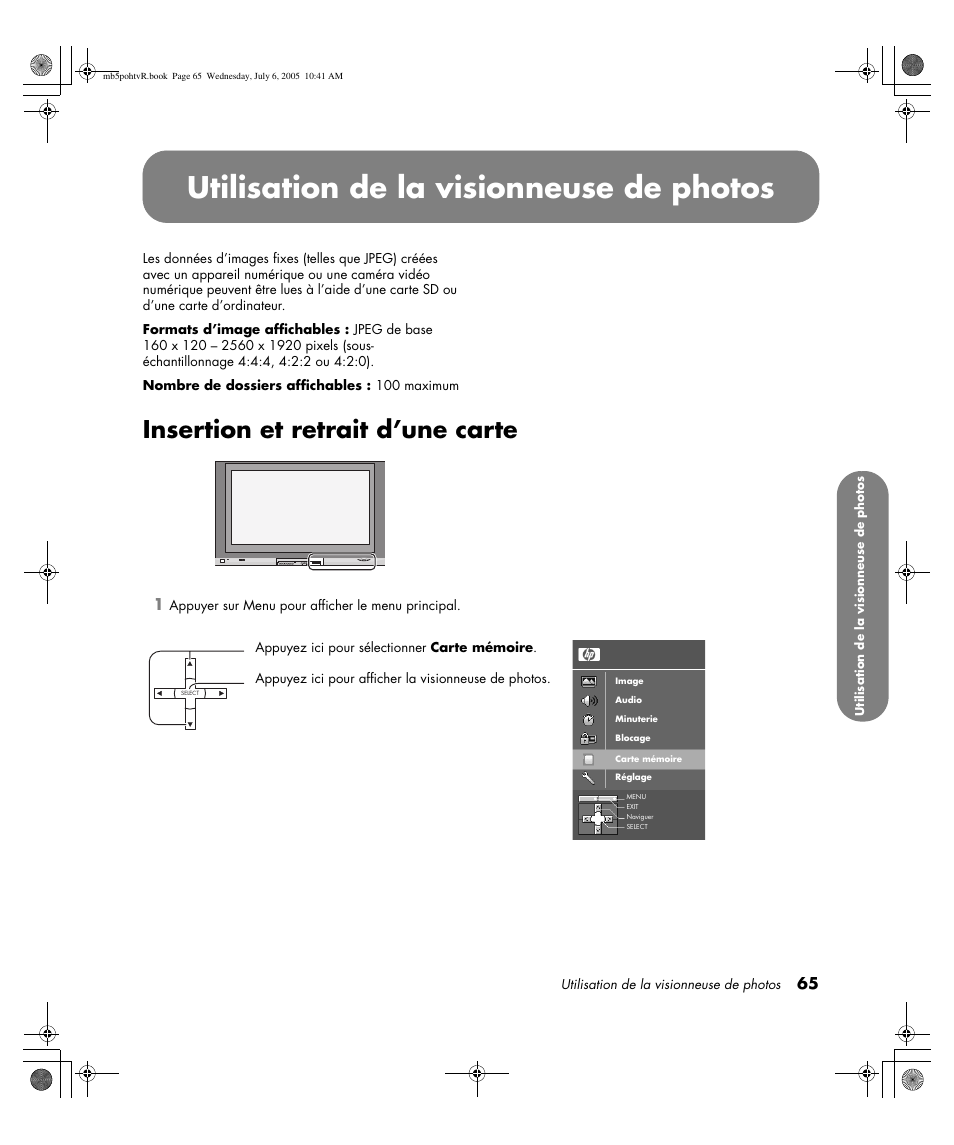 Utilisation de la visionneuse de photos, Insertion et retrait d’une carte | HP PL5000N User Manual | Page 169 / 294