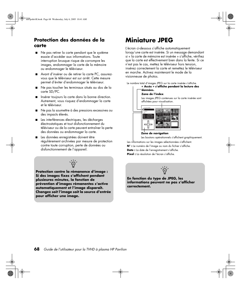 Miniature jpeg, Protection des données de la carte | HP PL5000N User Manual | Page 172 / 294