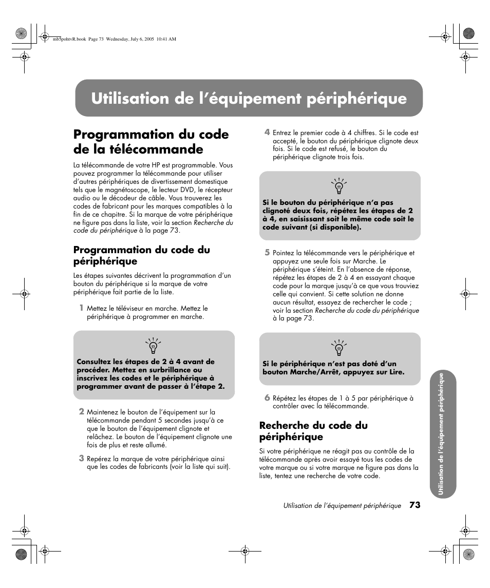 Utilisation de l’équipement périphérique, Programmation du code de la télécommande | HP PL5000N User Manual | Page 177 / 294