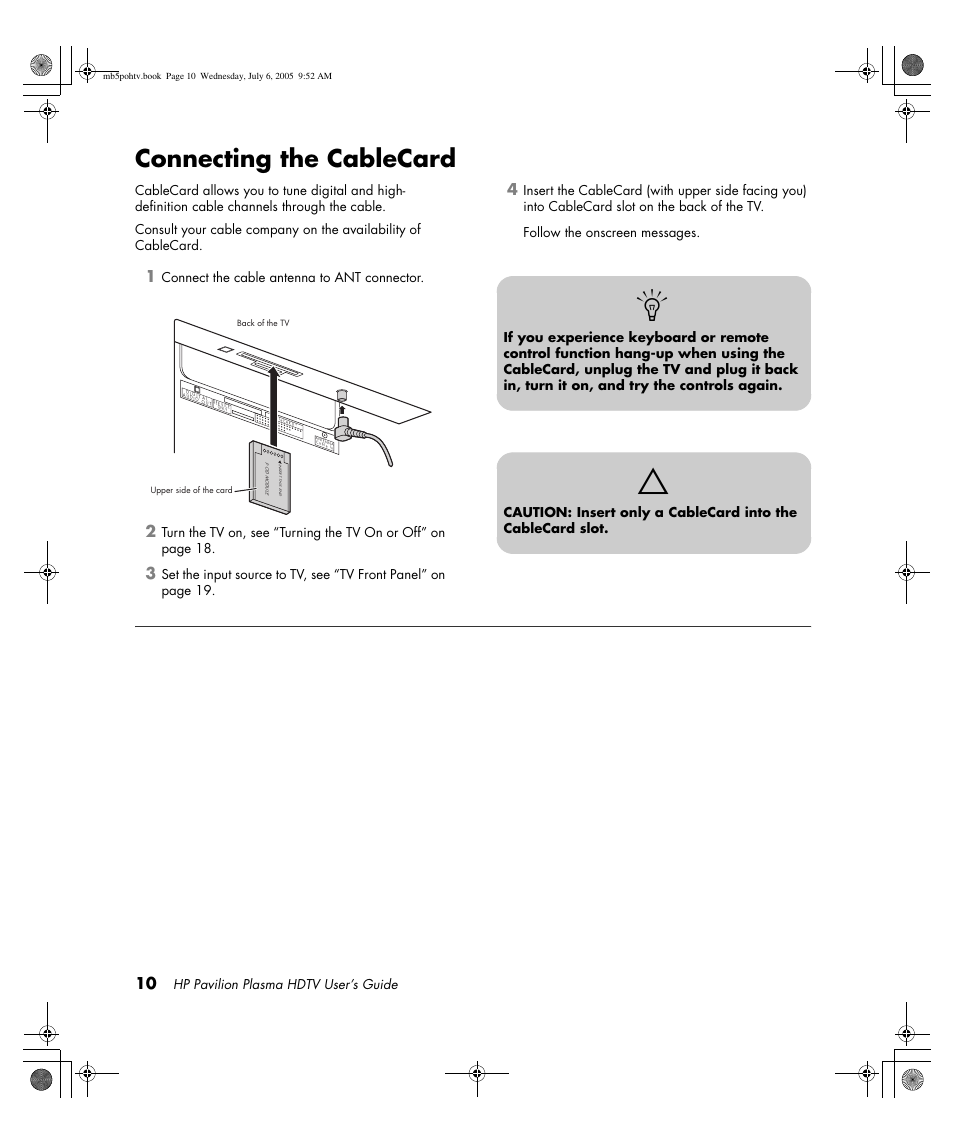 Connecting the cablecard, Hp pavilion plasma hdtv user’s guide, Connect the cable antenna to ant connector | HP PL5000N User Manual | Page 18 / 294