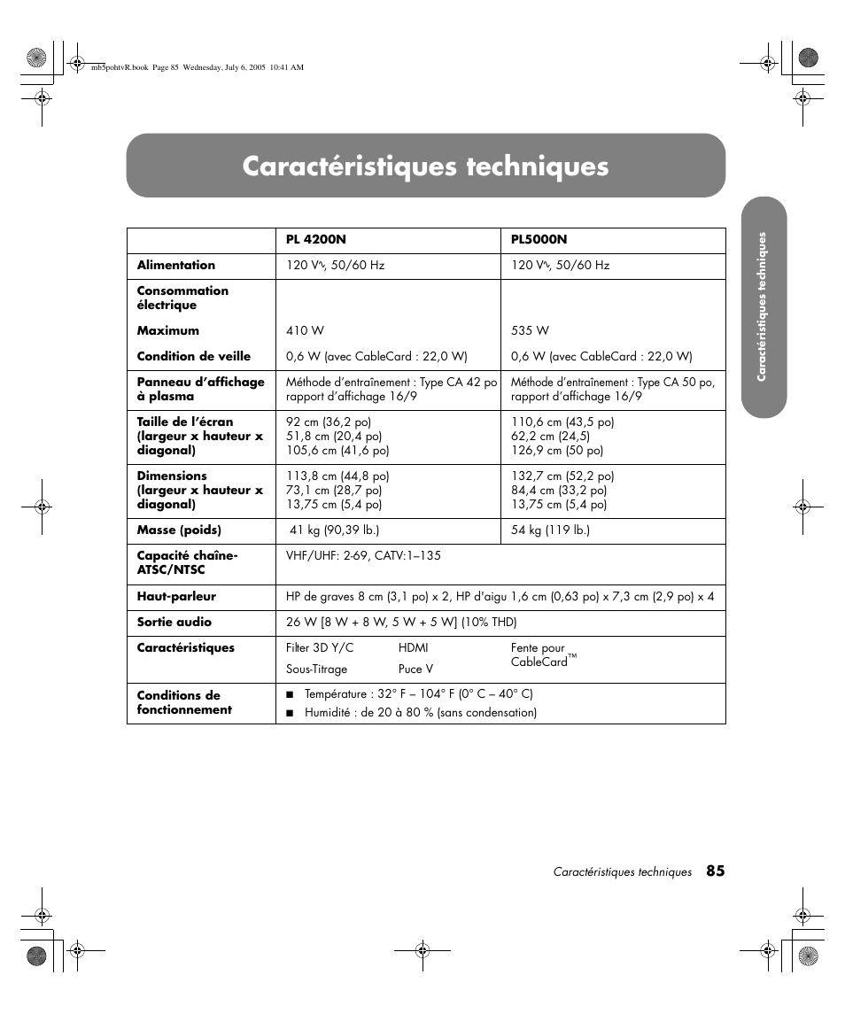 Caractéristiques techniques | HP PL5000N User Manual | Page 189 / 294