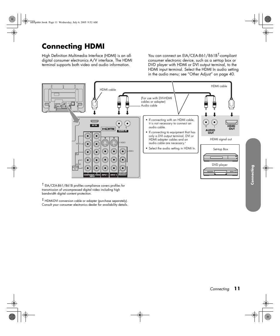 Connecting hdmi, Av in r l audio in, Connecting | HP PL5000N User Manual | Page 19 / 294