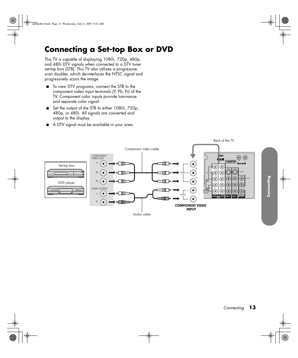 Connecting a set-top box or dvd, A dtv signal must be available in your area, Connecting | Component video input | HP PL5000N User Manual | Page 21 / 294