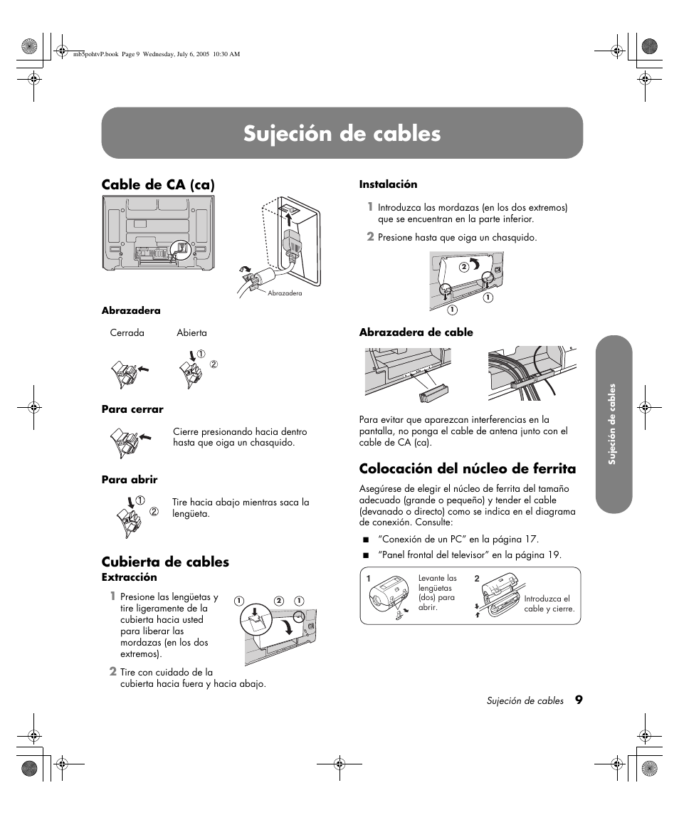 Sujeción de cables, Cable de ca (ca), Cubierta de cables | Colocación del núcleo de ferrita | HP PL5000N User Manual | Page 213 / 294