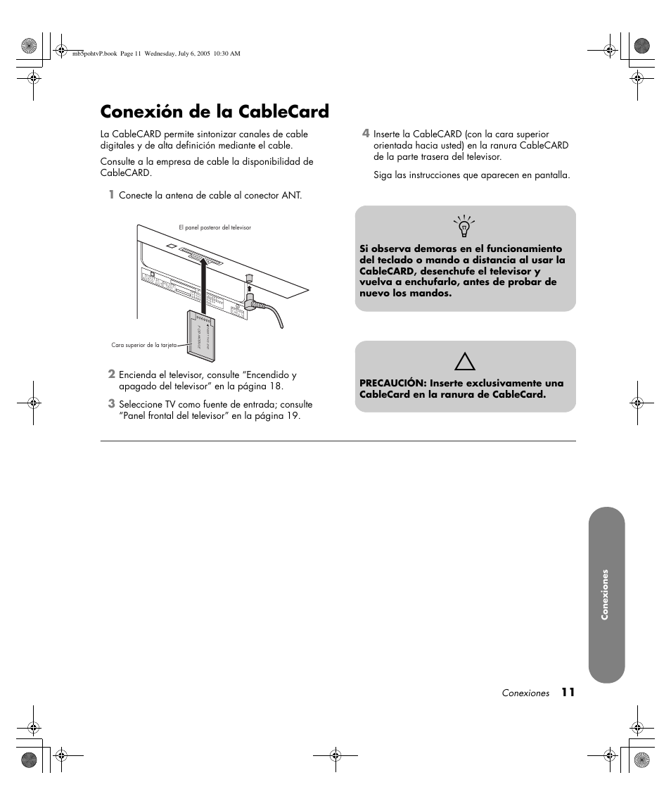 Conexión de la cablecard, Conexiones, Conecte la antena de cable al conector ant | HP PL5000N User Manual | Page 215 / 294