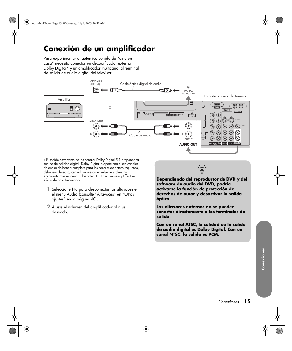 Conexión de un amplificador, Conexiones | HP PL5000N User Manual | Page 219 / 294