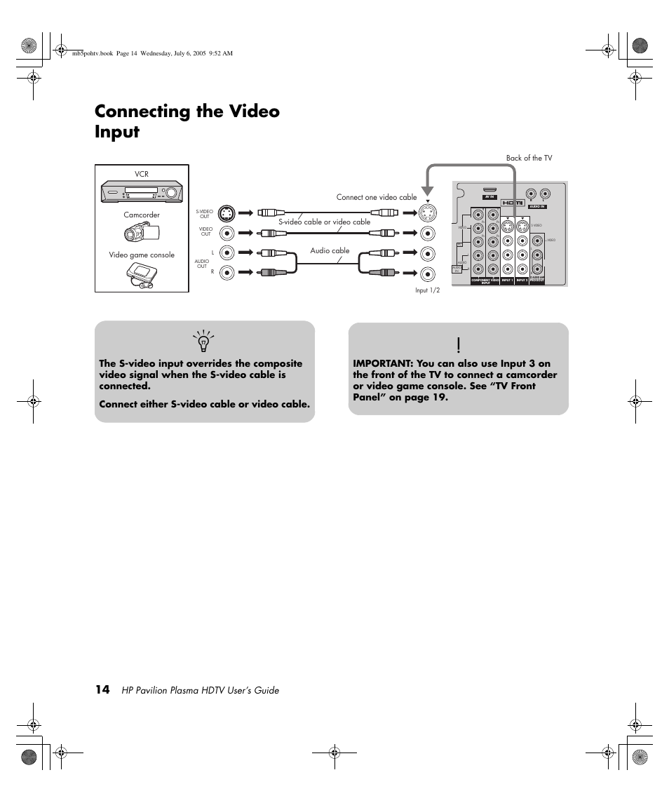 Connecting the video input, Hp pavilion plasma hdtv user’s guide, Connect one video cable | HP PL5000N User Manual | Page 22 / 294