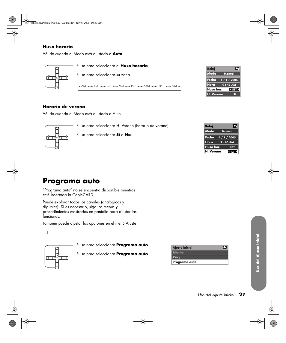 Programa auto, Huso horario, Horario de verano | HP PL5000N User Manual | Page 231 / 294