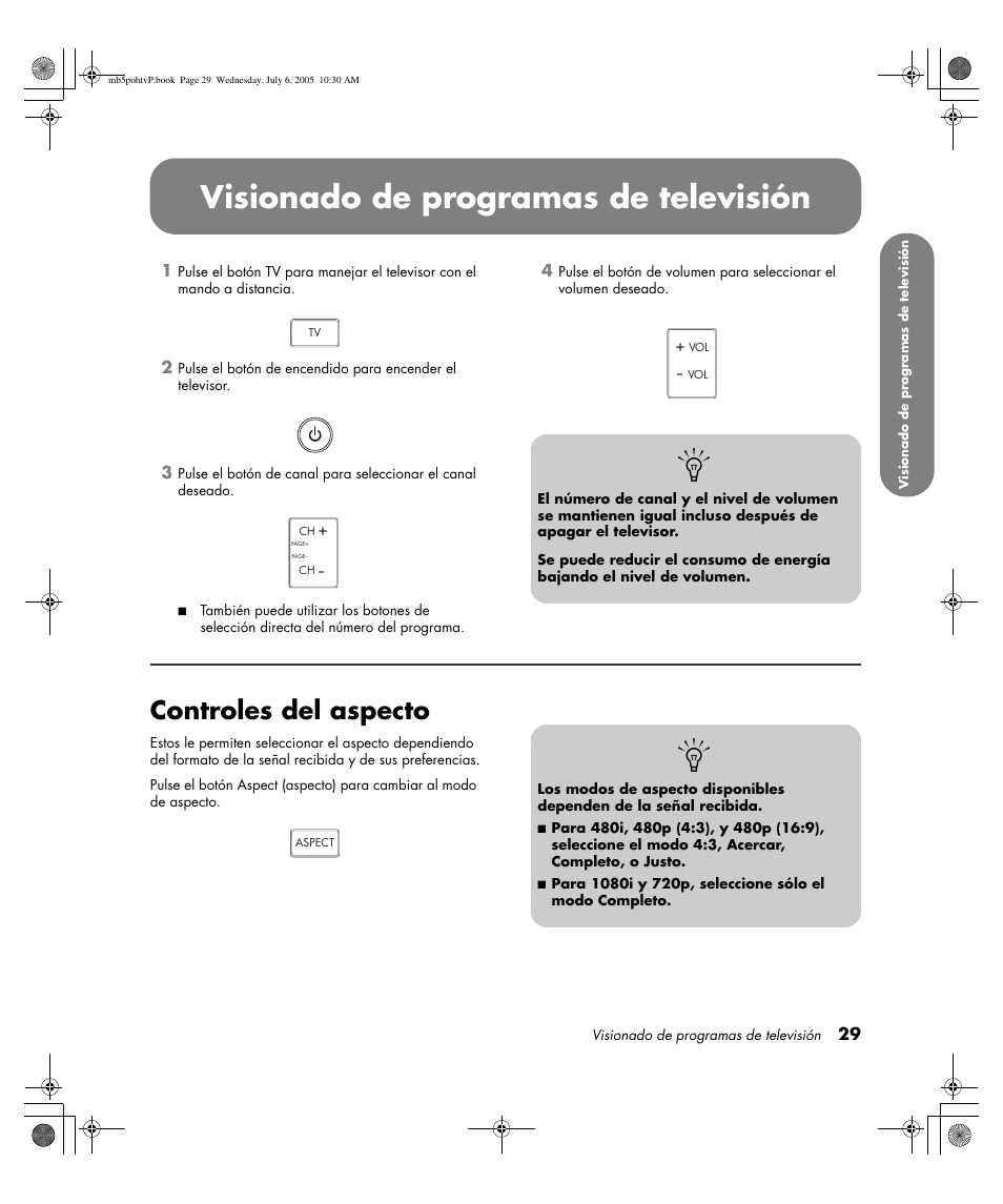 Visionado de programas de televisión, Controles del aspecto | HP PL5000N User Manual | Page 233 / 294