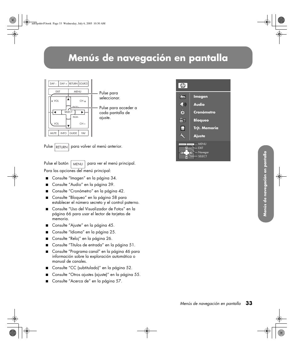 Menús de navegación en pantalla | HP PL5000N User Manual | Page 237 / 294