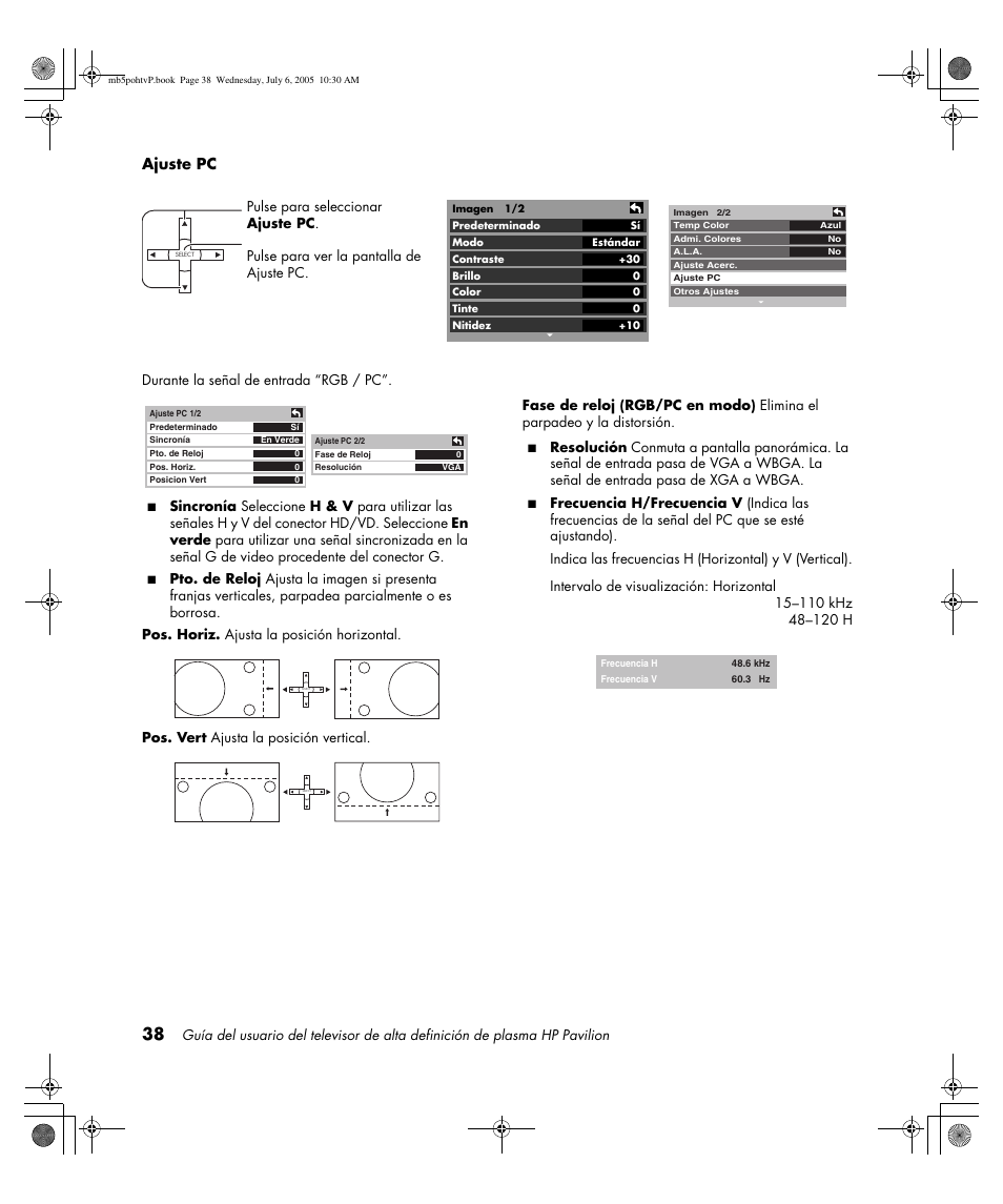 Ajuste pc, Durante la señal de entrada “rgb / pc | HP PL5000N User Manual | Page 242 / 294