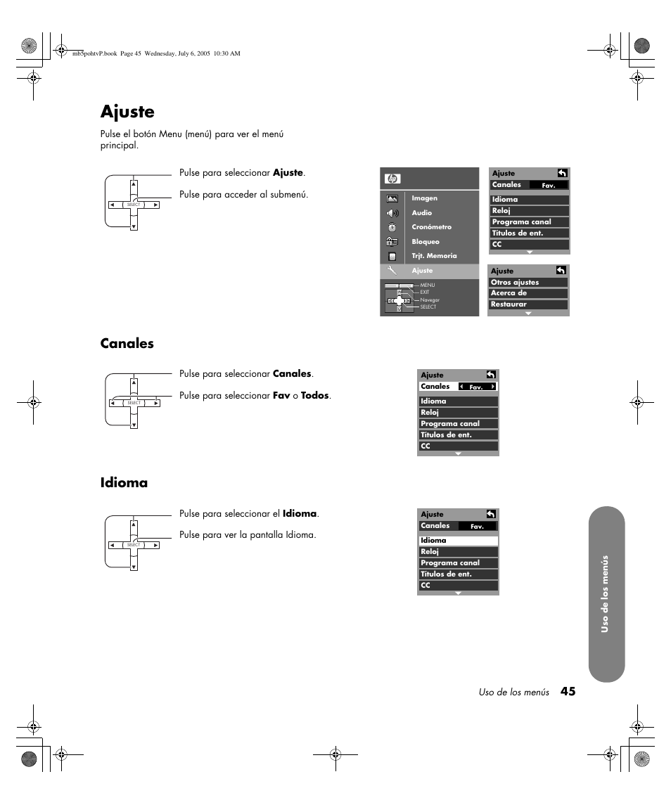 Ajuste, Canales idioma | HP PL5000N User Manual | Page 249 / 294