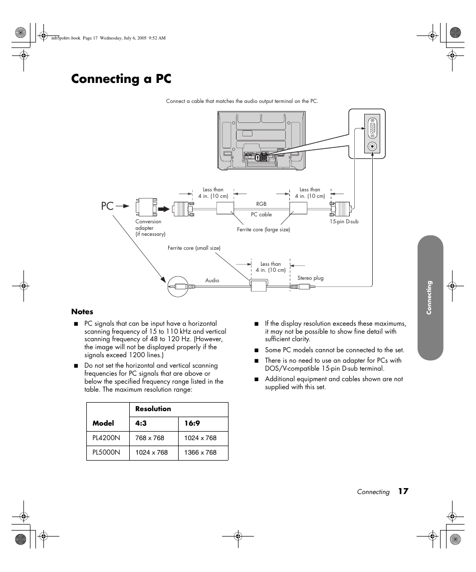 Connecting a pc | HP PL5000N User Manual | Page 25 / 294