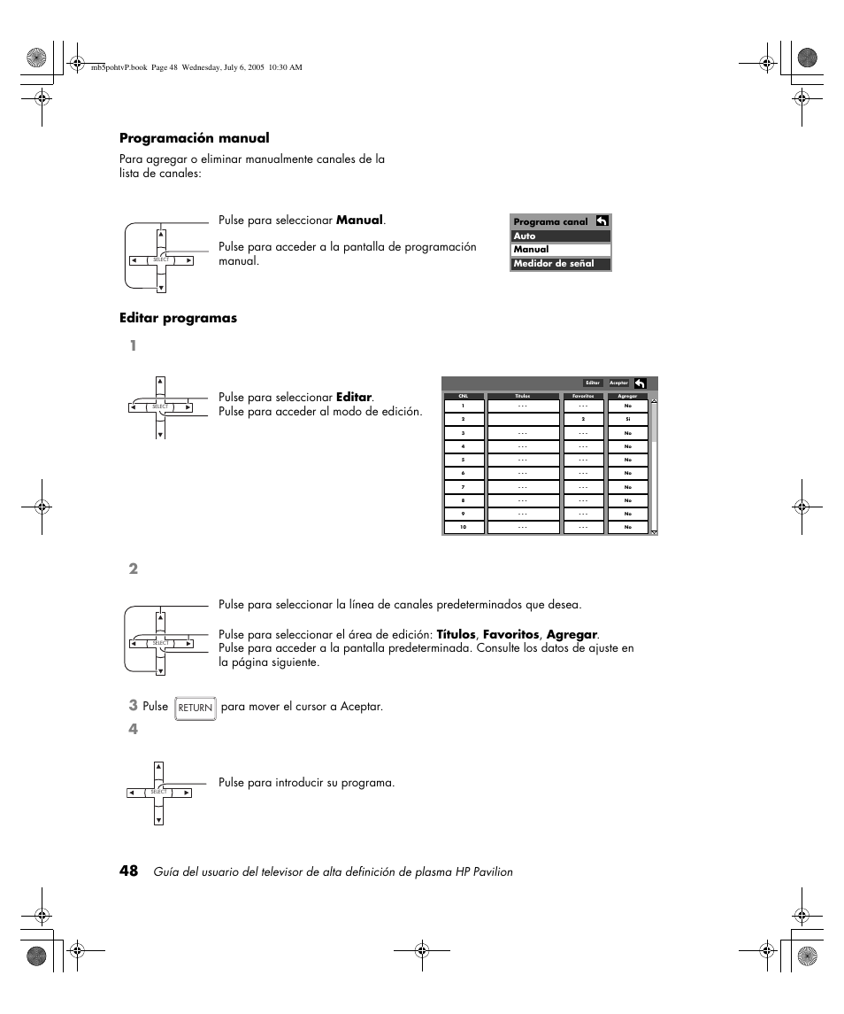 Programación manual, Editar programas, Pulse para mover el cursor a aceptar | Pulse para introducir su programa | HP PL5000N User Manual | Page 252 / 294