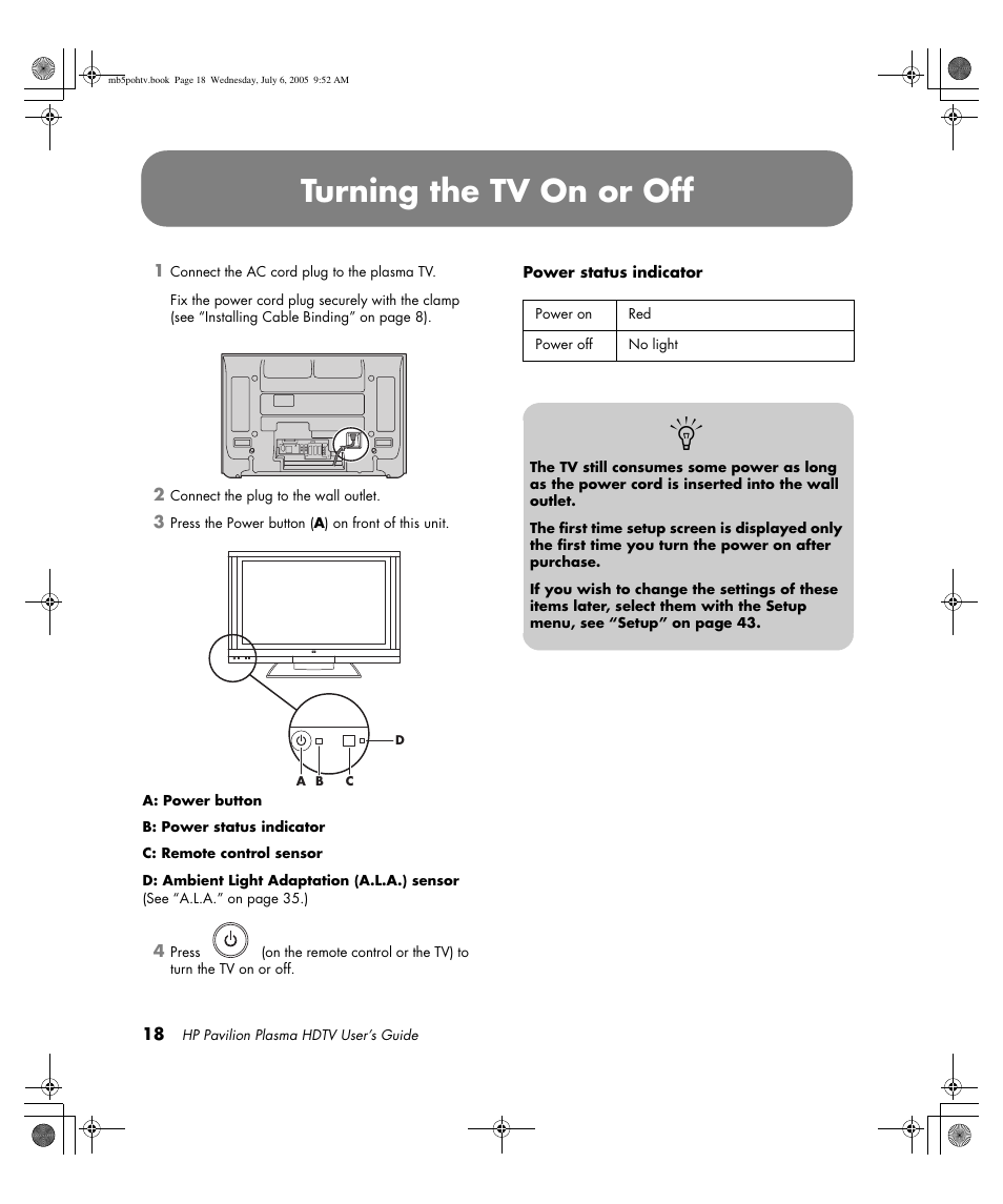 Turning the tv on or off | HP PL5000N User Manual | Page 26 / 294
