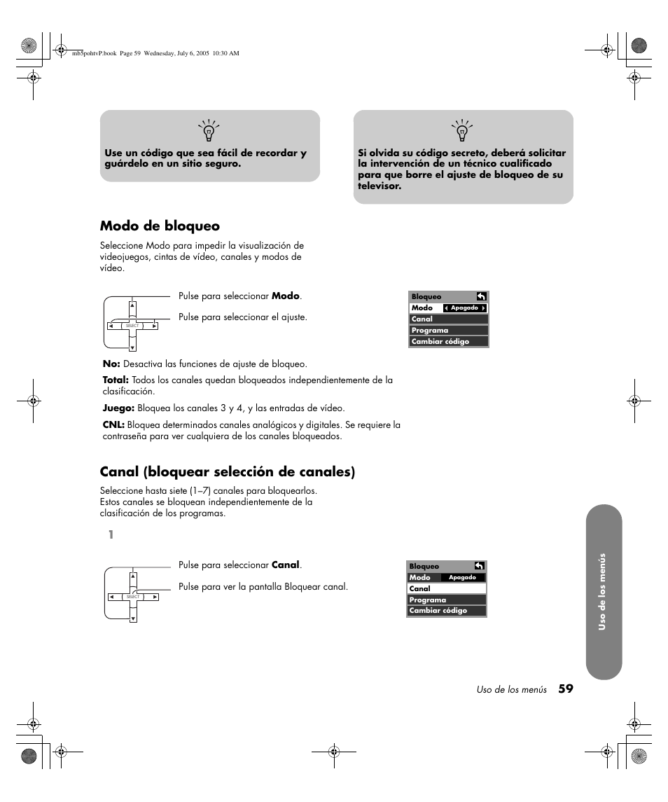 Modo de bloqueo, Canal (bloquear selección de canales) | HP PL5000N User Manual | Page 263 / 294