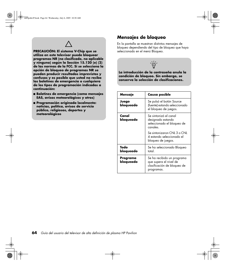 Mensajes de bloqueo | HP PL5000N User Manual | Page 268 / 294