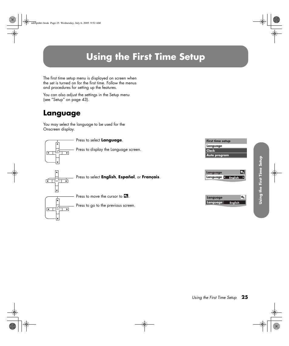 Using the first time setup, Language | HP PL5000N User Manual | Page 33 / 294