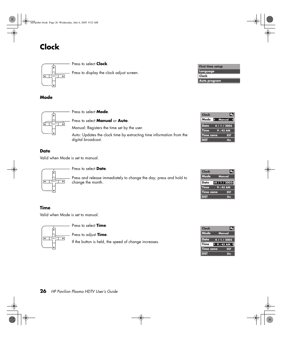 Clock, Mode date, Time | HP PL5000N User Manual | Page 34 / 294