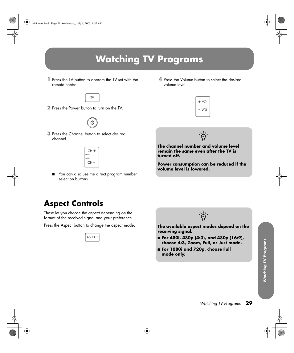 Watching tv programs, Aspect controls | HP PL5000N User Manual | Page 37 / 294