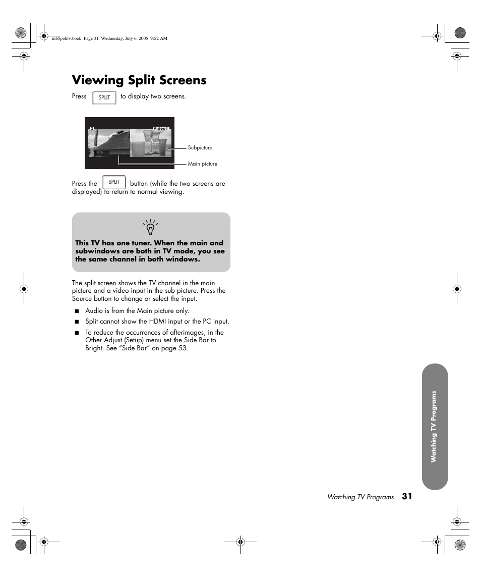 Viewing split screens | HP PL5000N User Manual | Page 39 / 294