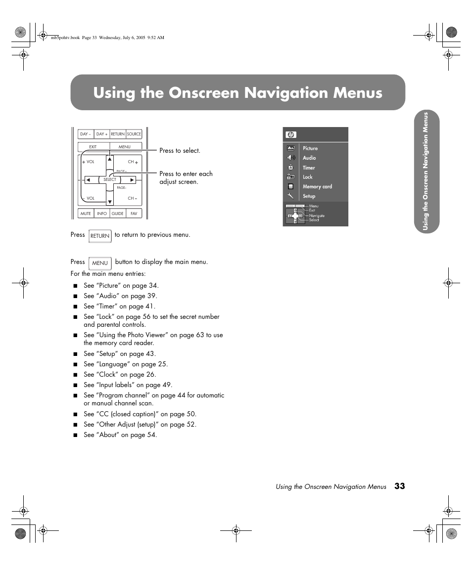 Using the onscreen navigation menus | HP PL5000N User Manual | Page 41 / 294