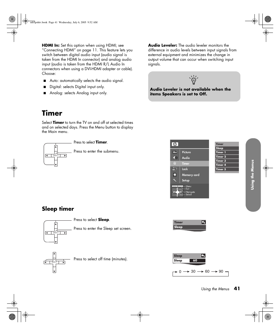 Timer, Sleep timer | HP PL5000N User Manual | Page 49 / 294