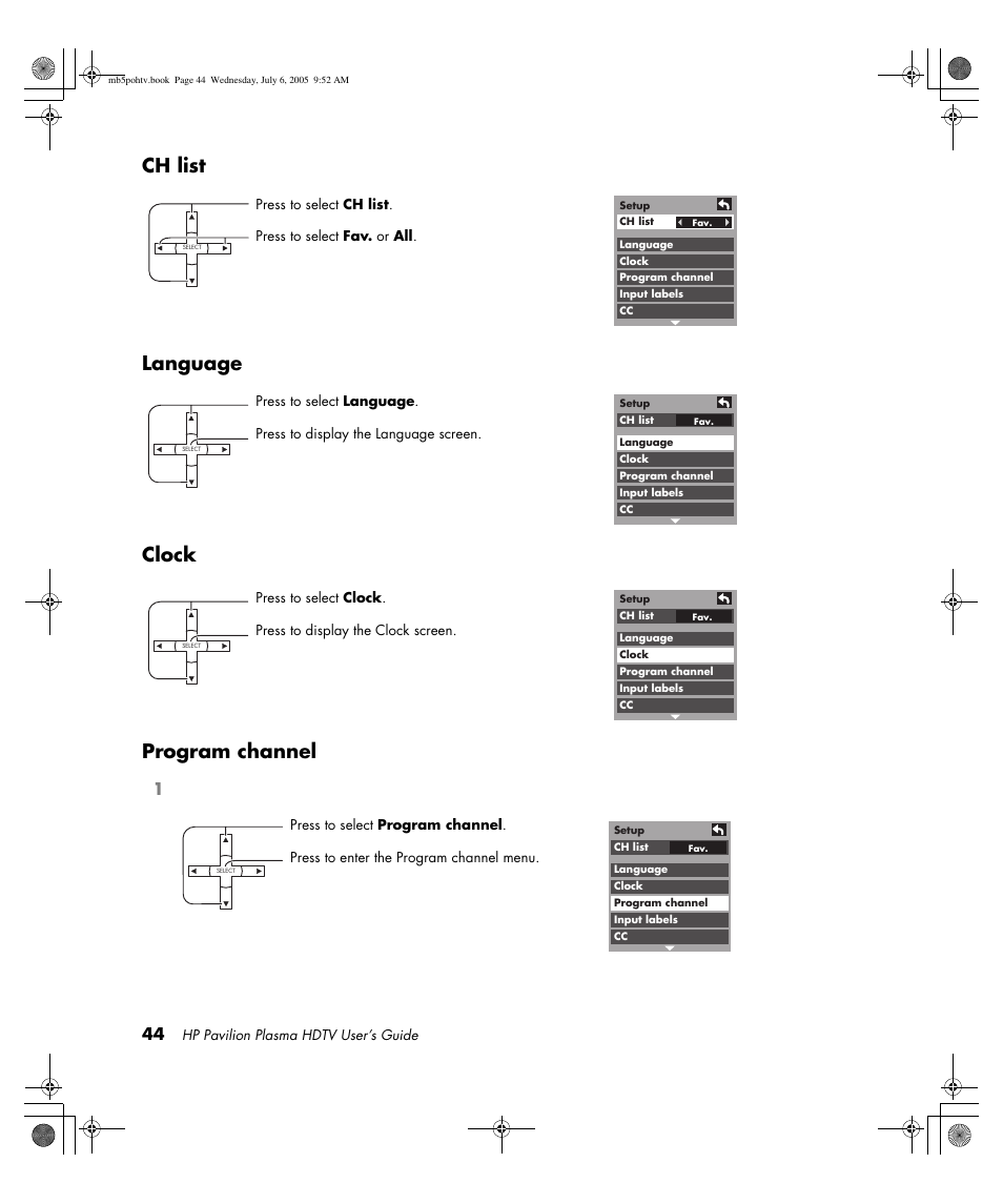 Ch list language clock program channel | HP PL5000N User Manual | Page 52 / 294