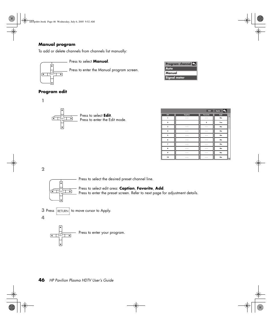Manual program, Program edit, Hp pavilion plasma hdtv user’s guide | Press to move cursor to apply, Press to enter your program | HP PL5000N User Manual | Page 54 / 294