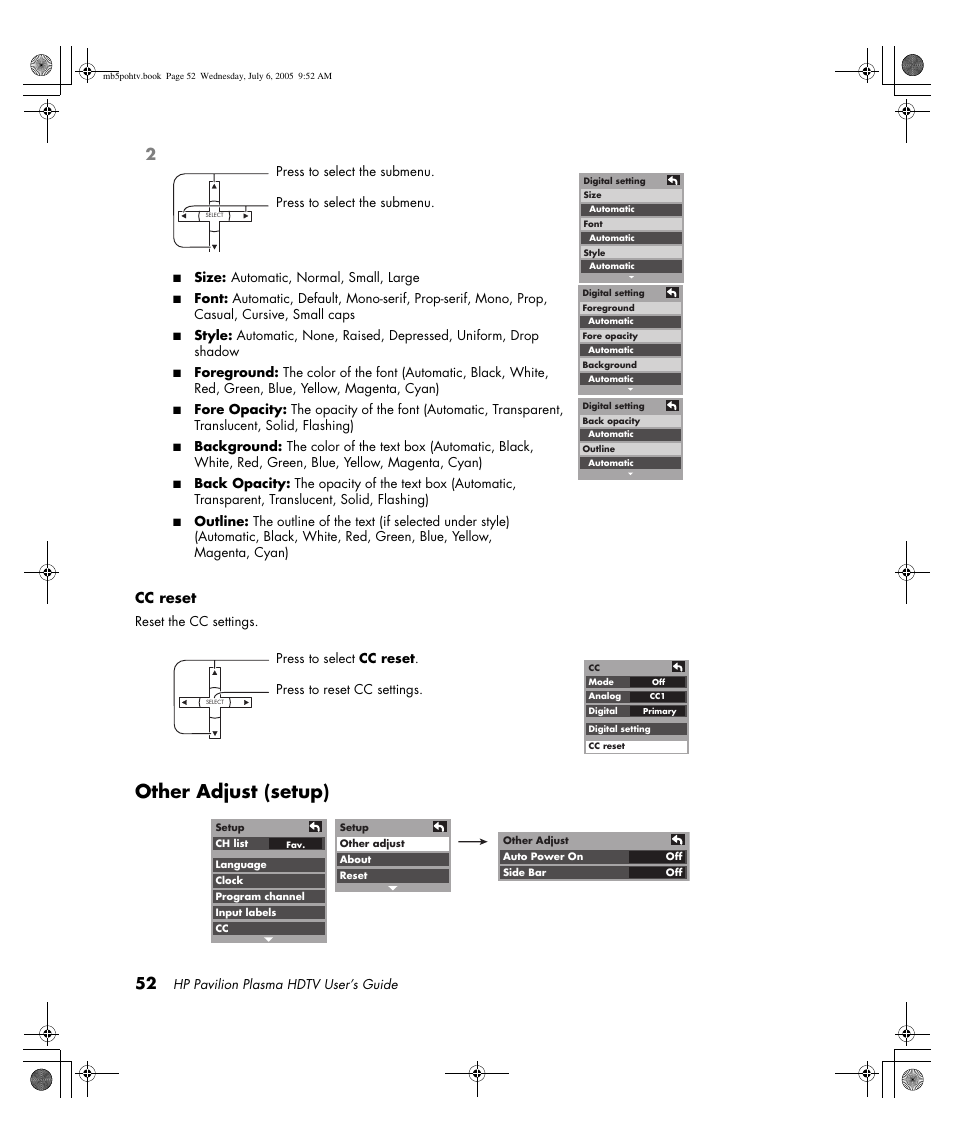 Other adjust (setup), Cc reset | HP PL5000N User Manual | Page 60 / 294