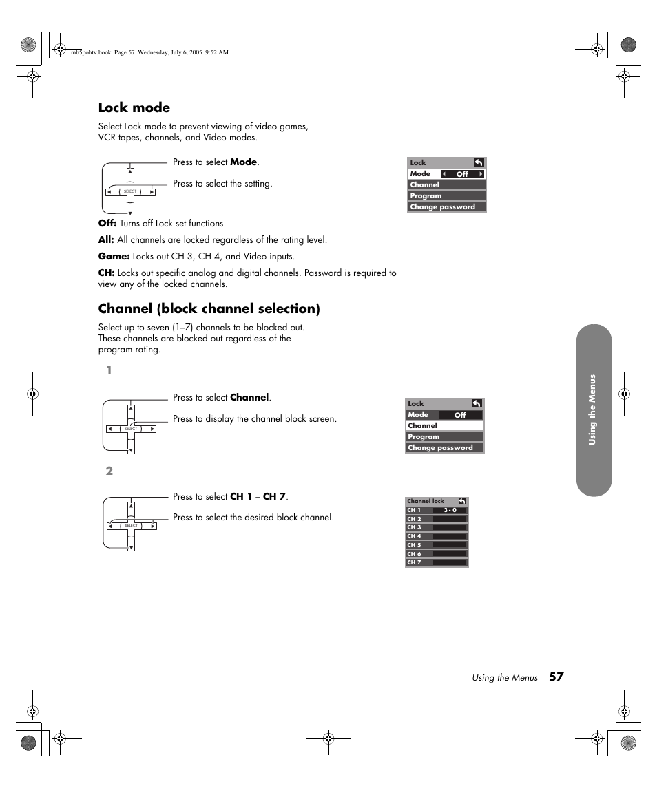 Lock mode, Channel (block channel selection) | HP PL5000N User Manual | Page 65 / 294
