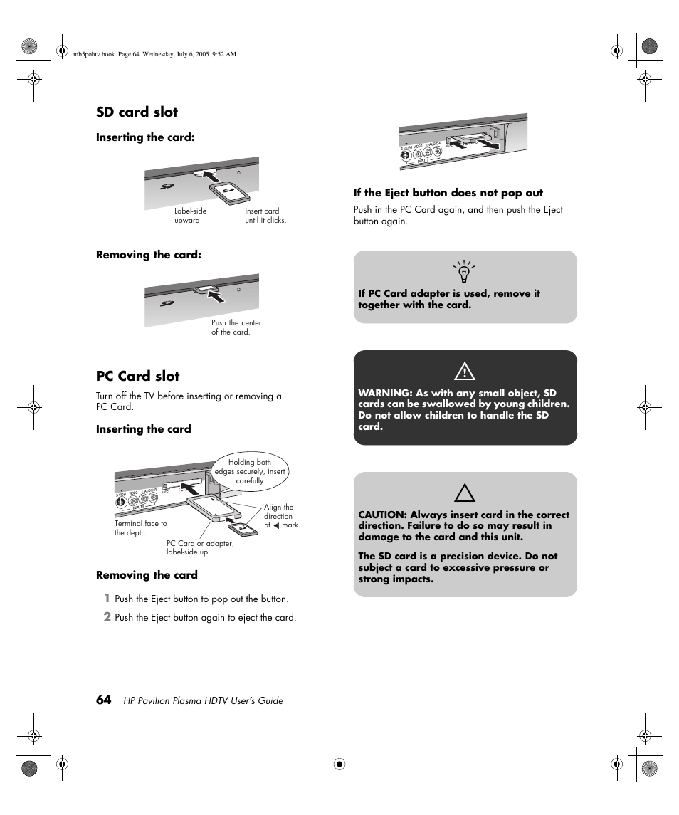 Sd card slot, Pc card slot | HP PL5000N User Manual | Page 72 / 294