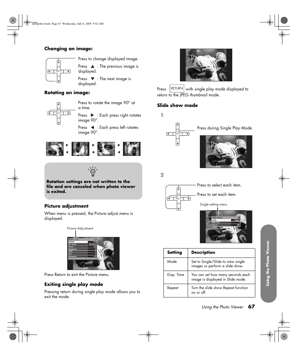 Exiting single play mode, Slide show mode | HP PL5000N User Manual | Page 75 / 294