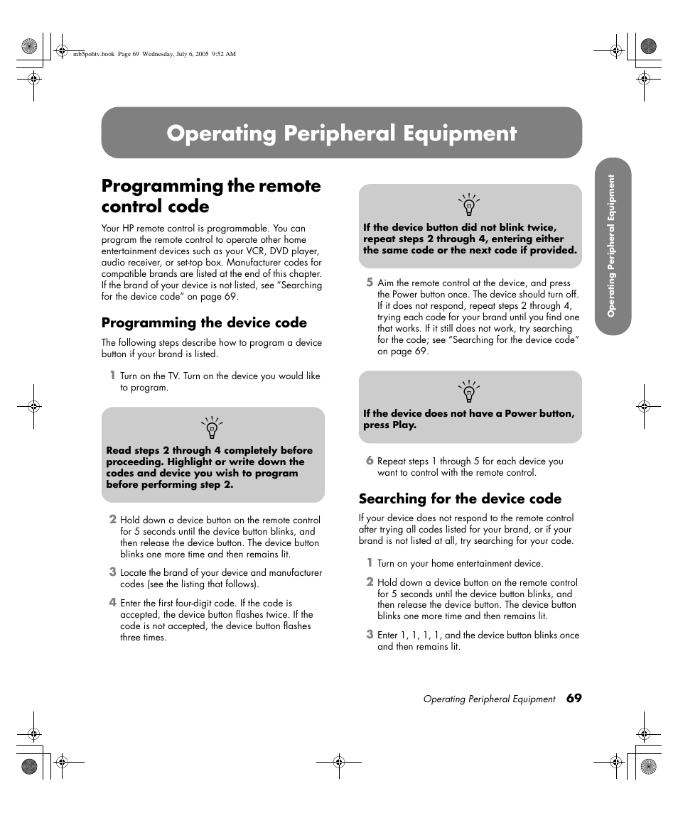 Operating peripheral equipment, Programming the remote control code | HP PL5000N User Manual | Page 77 / 294