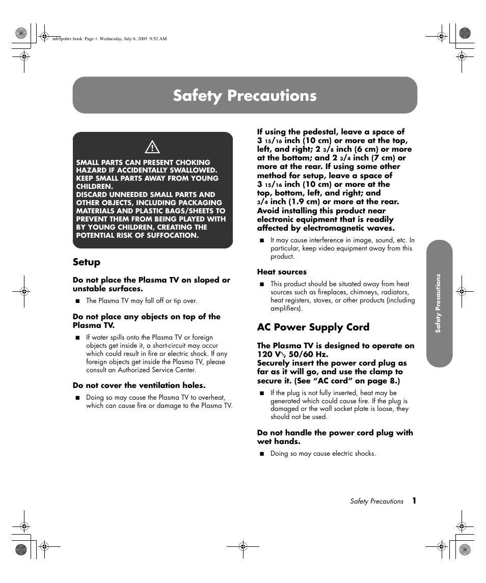 Safety precautions, Setup, Ac power supply cord | HP PL5000N User Manual | Page 9 / 294