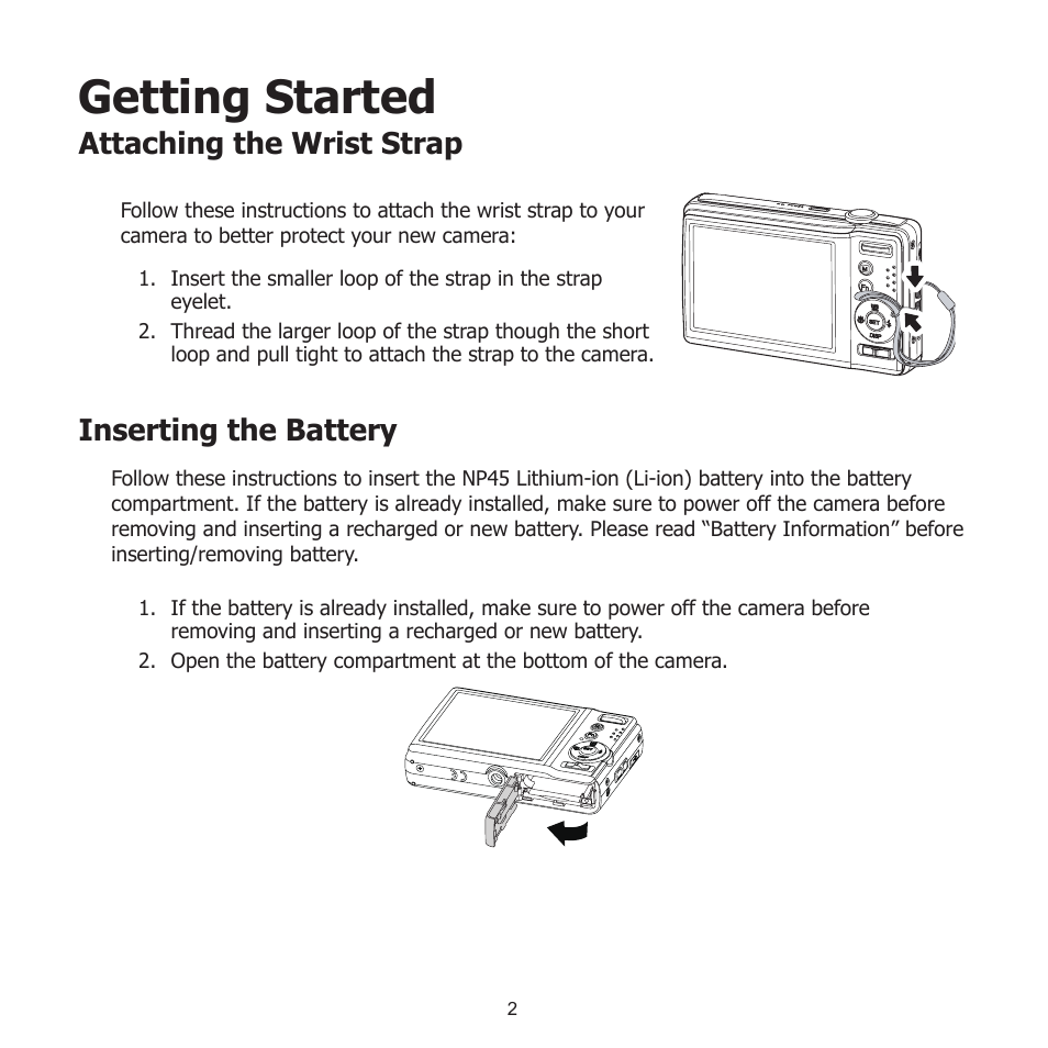 Getting started, Attaching the wrist strap, Inserting the battery | Attaching the wrist strap inserting the battery | HP PW550 User Manual | Page 13 / 93