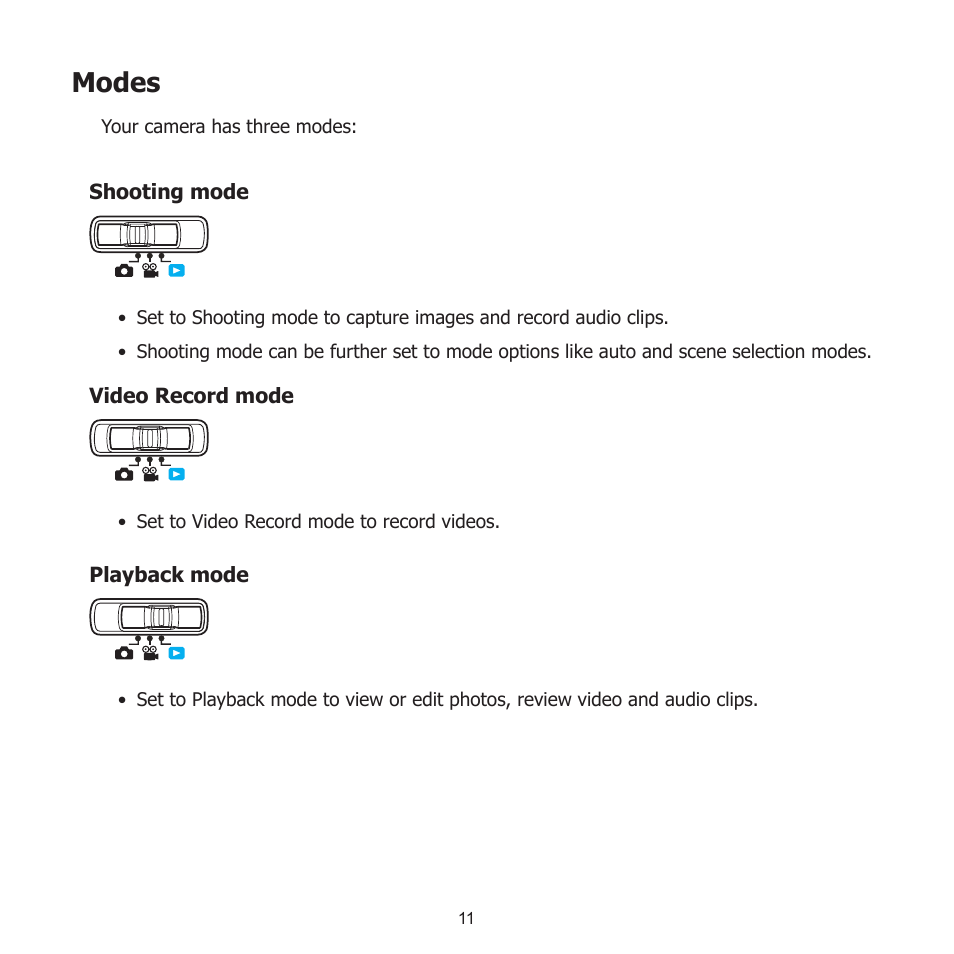 Modes, Shooting mode, Video record mode | Playback mode, Shooting mode video record mode playback mode | HP PW550 User Manual | Page 22 / 93