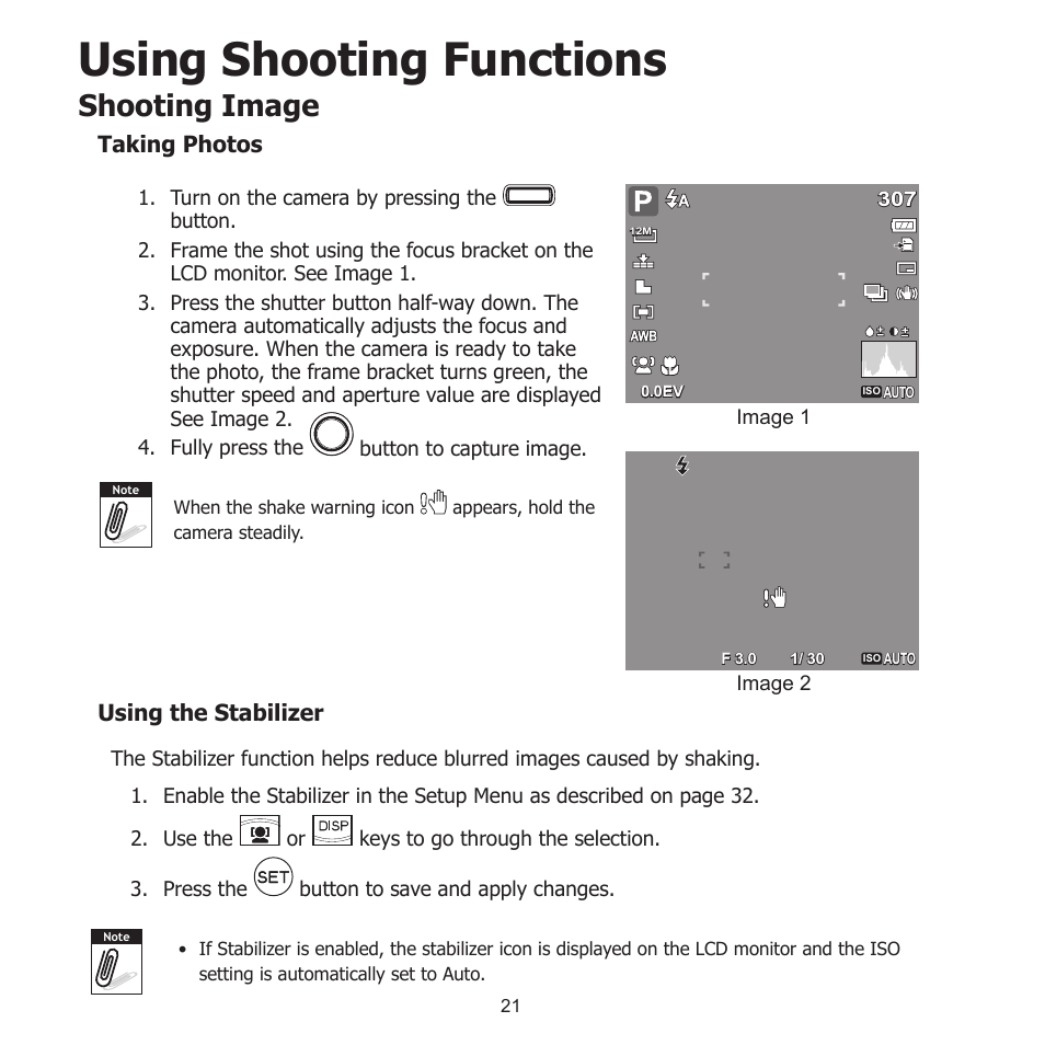 Using shooting functions, Shooting image, Taking photos | Using the stabilizer, Taking photos using the stabilizer | HP PW550 User Manual | Page 32 / 93