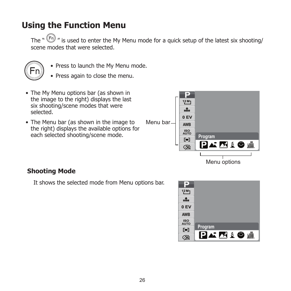 Using the function menu, Shooting mode | HP PW550 User Manual | Page 37 / 93