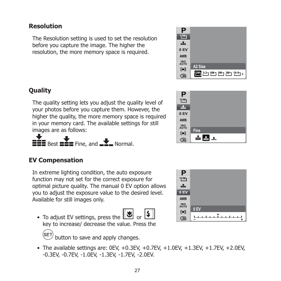 Resolution, Quality, Ev compensation | Resolution quality ev compensation | HP PW550 User Manual | Page 38 / 93