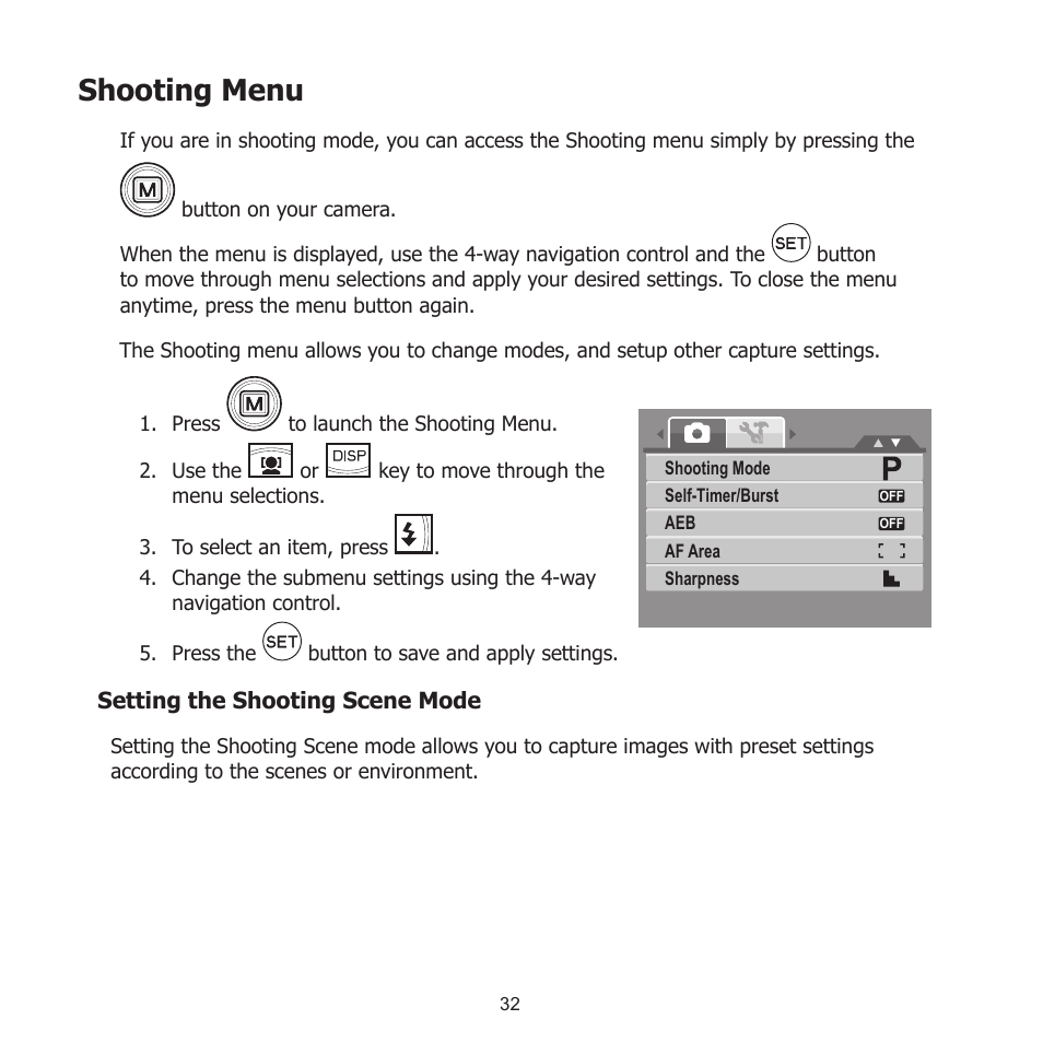 Shooting menu, Setting the shooting scene mode | HP PW550 User Manual | Page 43 / 93