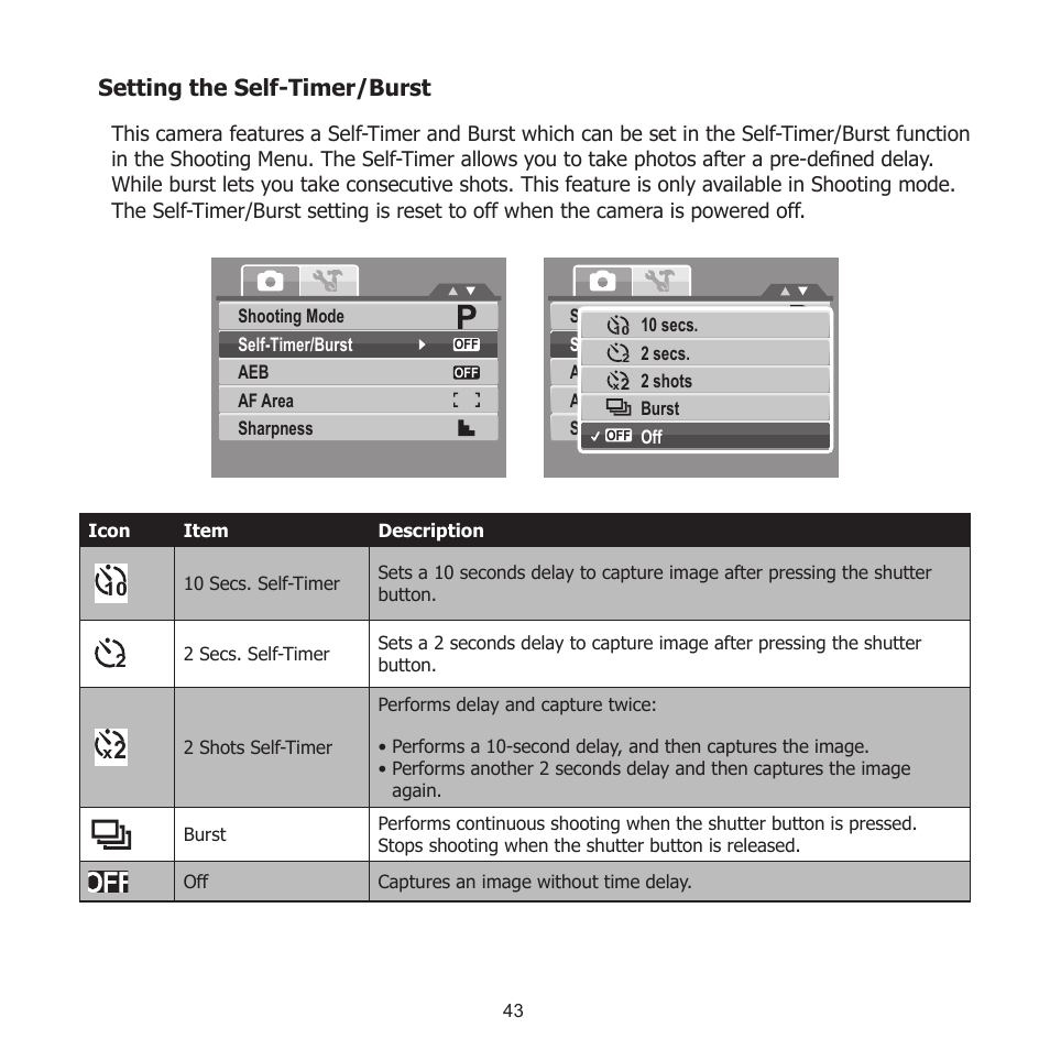 Setting the self-timer/burst | HP PW550 User Manual | Page 54 / 93