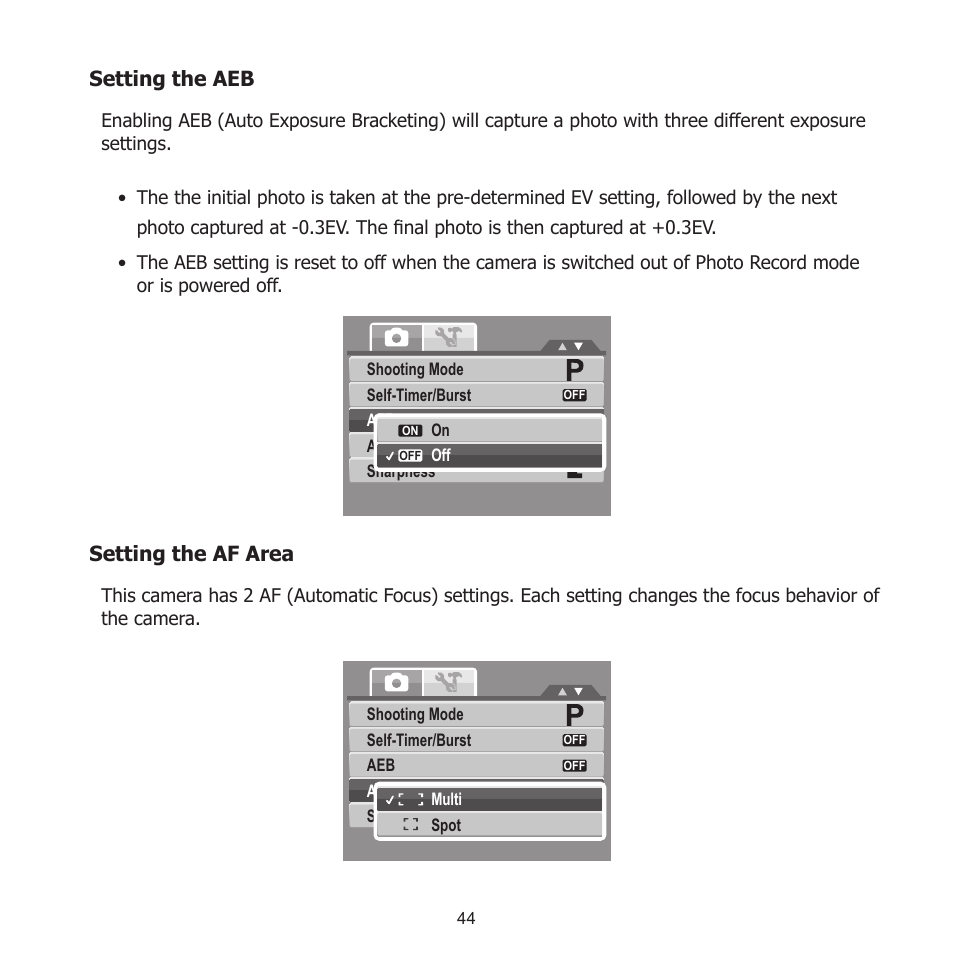 Setting the aeb, Setting the af area, Setting the aeb setting the af area | HP PW550 User Manual | Page 55 / 93